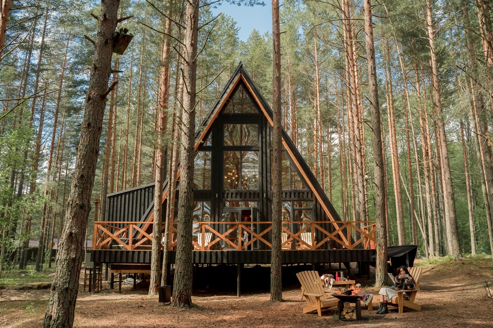 Illustrative A-frame cabin surrounded by tall pines; not a current property listing